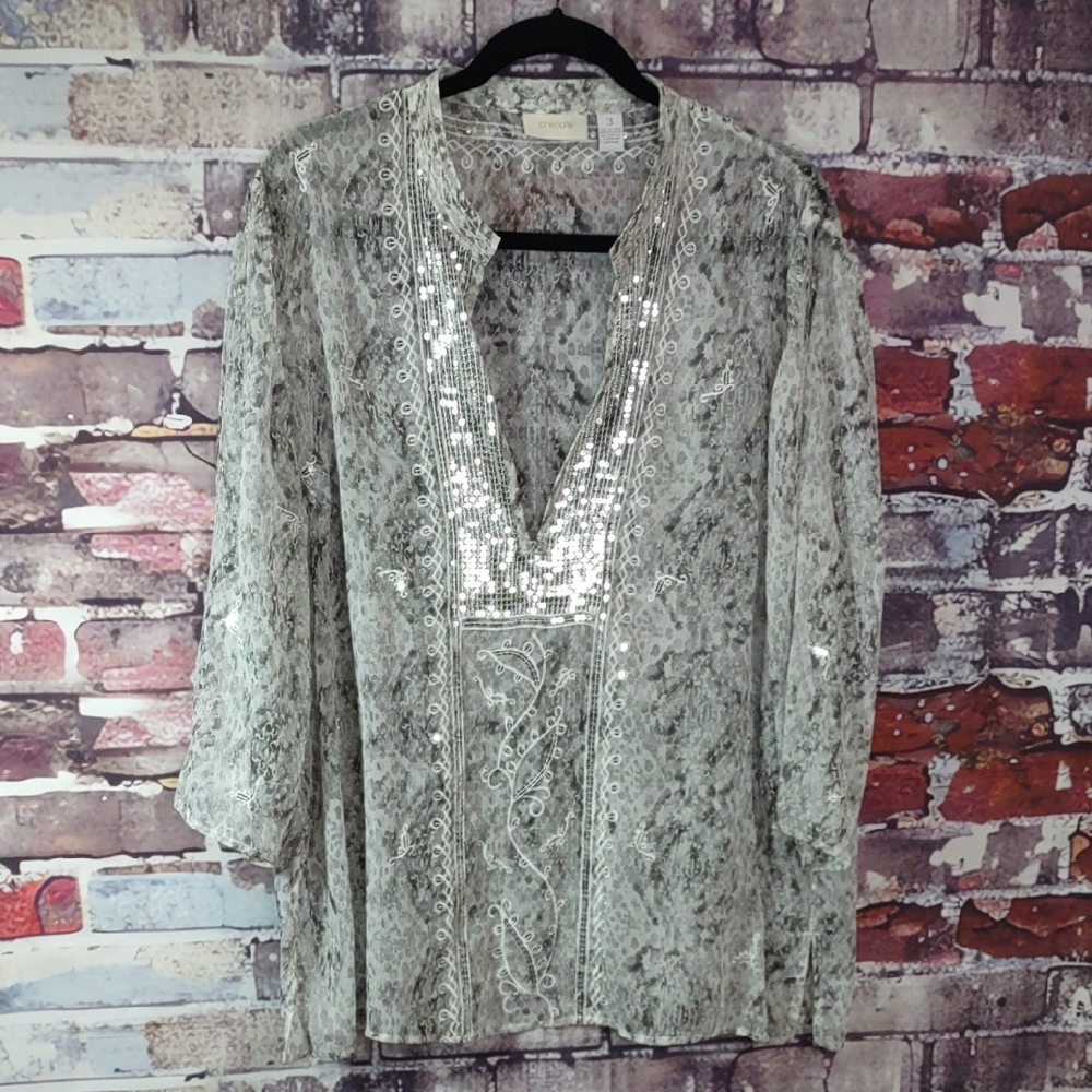 Chico's Semi-sheer Chiffon Snake Print Embellished Tunic Top